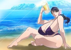 Rule 34 | 1girl, alcohol, beach, beer, bikini, black hair, blue eyes, breasts, cattleya (queen&#039;s blade), cleavage, curvy, gigantic breasts, glasses, huge breasts, long hair, looking at viewer, mature female, one eye closed, open mouth, ponytail, queen&#039;s blade, sitting, solo, swimsuit, thick thighs, thighs