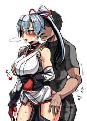 Rule 34 | 1boy, 1girl, blush, grabbing another&#039;s breast, fate/grand order, fate (series), gloves, grabbing, hetero, implied sex, japanese clothes, long hair, mimuni362, ponytail, red eyes, silver hair, sweat, tomoe gozen (fate)
