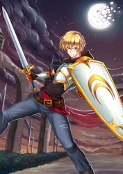 Rule 34 | 1boy, adsouto, blonde hair, gloves, highres, holding, holding sword, holding weapon, jaune arc, looking at viewer, moon, outdoors, rwby, shield, sword, weapon