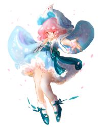 Rule 34 | 1girl, aqua footwear, aqua hat, aqua kimono, cake mogo, closed mouth, commentary, full body, hat, japanese clothes, kimono, looking at viewer, mary janes, medium hair, mob cap, neck ribbon, outstretched arm, outstretched hand, petals, pink eyes, pink hair, ribbon, saigyouji yuyuko, shoes, smile, socks, solo, touhou, triangular headpiece, white socks, wide sleeves