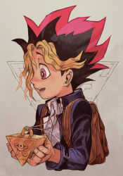 Rule 34 | 1boy, backpack, bag, belt, black hair, blonde hair, blue jacket, collared shirt, dyed bangs, hungry clicker, jacket, male focus, millennium puzzle, multicolored hair, muto yugi, open mouth, pink hair, shirt, solo, upper body, white shirt, yu-gi-oh!, yu-gi-oh! (toei), yu-gi-oh! duel monsters