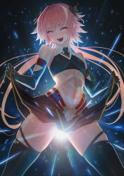 Rule 34 | 1boy, :d, astolfo (fate), astolfo (saber) (fate), bare shoulders, blush, bow, clothes lift, crossdressing, elbow gloves, fate/grand order, fate (series), gloves, glowing, hair bow, highres, imizu (nitro unknown), lifted by self, long hair, male focus, midriff, miniskirt, navel, necktie, open mouth, pink hair, purple eyes, skindentation, skirt, skirt lift, smile, solo, strapless, thighhighs, thighs, trap, tube top, twintails, zettai ryouiki