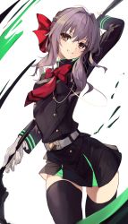 Rule 34 | 1girl, belt, black thighhighs, bow, braid, breasts, brown eyes, buttons, commentary request, contrapposto, cowboy shot, double-breasted, french braid, gloves, hair between eyes, hair bow, highres, hiiragi shinoa, holding, holding weapon, long hair, long sleeves, looking at viewer, lumo 1121, medium breasts, owari no seraph, purple hair, red neckwear, scythe, sidelocks, simple background, skirt, smile, solo, standing, teeth, thighhighs, uniform, weapon, white gloves, zettai ryouiki