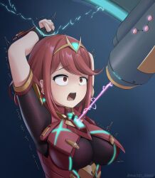 Rule 34 | 1girl, absurdres, armor, arms up, black gloves, blue background, bodysuit, bound, bound wrists, breasts, chest jewel, core crystal (xenoblade), earrings, eyelashes, fingerless gloves, gloves, gradient background, highres, impossible clothes, jewelry, large breasts, laser, maozi dan, medium hair, open mouth, pyra (xenoblade), red bodysuit, red eyes, red hair, shadow, short sleeves, sidelocks, solo, swept bangs, tears, teeth, tiara, trembling, twitter username, upper body, xenoblade chronicles (series), xenoblade chronicles 2