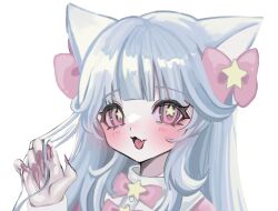 Rule 34 | 1girl, animal ears, blue hair, blush, bow, cat ears, cat girl, fang, fingernails, hair bow, hand in own hair, hand up, highres, light blue hair, long fingernails, long hair, looking at viewer, nail polish, open mouth, original, pink bow, pink eyes, pink nails, portrait, shiona (siona0625), simple background, skin fang, solo, star (symbol), star in eye, symbol in eye, white background