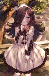 Rule 34 | 1girl, animal ears, black hair, blurry, blurry background, blush, brown ribbon, collared dress, commentary request, depth of field, dress, feet out of frame, frilled dress, frills, hair over one eye, hand up, highres, horse ears, horse girl, horse tail, long sleeves, looking at viewer, neck ribbon, parted lips, puffy long sleeves, puffy sleeves, purple eyes, ribbon, rice shower (umamusume), solo, sorashima (117), tail, tree, umamusume, white dress