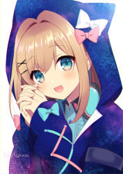 Rule 34 | 1girl, :d, aqua bow, black hoodie, blue eyes, blush, bow, commentary request, cross-laced clothes, cross-laced sleeves, eyelashes, eyes visible through hair, fuyuichi monme, hair between eyes, hair intakes, hair ornament, hairclip, hands up, happy, head tilt, headphones, headphones around neck, highres, hood, hood up, hoodie, interlocked fingers, light brown hair, long hair, looking at viewer, nijisanji, open mouth, own hands together, pink bow, simple background, sleeve bow, sleeves past wrists, smile, solo, suzuhara lulu, suzuhara lulu (5th costume), twitter username, upper body, virtual youtuber, white background, white bow, x hair ornament