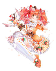 Rule 34 | 1girl, bow, brown bow, brown eyes, dress, dress bow, food-themed hair ornament, force of will, frilled dress, frills, full body, hair ornament, holding, holding wand, licking lips, looking at viewer, macaron hair ornament, magical girl, orange dress, orange footwear, red bow, short hair, short sleeves, tatae 2019, thighhighs, tongue, tongue out, twintails, wand, white background, white thighhighs, wrist cuffs