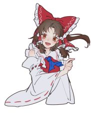 Rule 34 | 1girl, absurdres, aihara-rina, ascot, bare shoulders, blue ascot, bow, brown hair, collar, collared dress, detached sleeves, dress, hair ornament, hair tubes, hakurei reimu, hand up, highres, long sleeves, looking at viewer, open mouth, orange eyes, ponytail, red bow, red dress, short hair, simple background, smile, solo, touhou, white background, white sleeves, wide sleeves