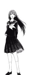 Rule 34 | 1girl, bad id, bad twitter id, commentary request, greyscale, highres, kneehighs, long hair, long sleeves, monochrome, neckerchief, nikaidou kou, open mouth, school uniform, serafuku, shirt, shoes, simple background, skirt, socks, solo, standing, white background