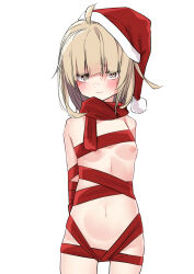 Rule 34 | 1girl, absurdres, ahoge, arms behind back, blush, breasts, brown eyes, brown hair, closed mouth, hat, highres, looking at viewer, navel, nipples, nude, original, red ribbon, ribbon, santa hat, simple background, small breasts, solo, standing, white background, wrapped up, yukimi papino
