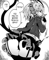 Rule 34 | 1girl, antenna hair, arknights, ass, blush, cowboy shot, demon girl, demon horns, demon tail, dusonson, finger to own chin, fingerless gloves, frilled skirt, frills, garter straps, gloves, greyscale, holding, holding remote control, horns, jacket, korean commentary, korean text, looking at viewer, monochrome, remote control, short hair, simple background, skirt, smile, solo, speech bubble, tail, thighhighs, w (arknights)