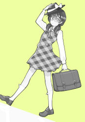 Rule 34 | 1girl, bag, bow, checkered clothes, fedora, glasses, hat, hat bow, holding, holding hat, monochrome, nakatani, school bag, solo, touhou, usami sumireko