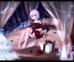 Rule 34 | 1girl, alternate costume, bad id, bad pixiv id, bat wings, bed, bed sheet, bedroom, camisole, canopy bed, christmas, colored eyelashes, eyes visible through hair, hair between eyes, hair ribbon, highres, hugging object, letterboxed, light purple hair, lingerie, looking at viewer, md5 mismatch, nekohashi, off shoulder, pointy ears, red eyes, remilia scarlet, ribbon, short hair, sitting, solo, stuffed animal, stuffed toy, teddy bear, thighs, touhou, underwear, wings