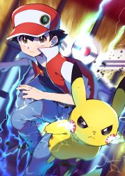 Rule 34 | 1boy, absurdres, baseball cap, black hair, black shirt, blurry, brown eyes, closed mouth, commentary request, creatures (company), electricity, game freak, gen 1 pokemon, grey pants, hair between eyes, hat, highres, jacket, looking at viewer, male focus, nintendo, open clothes, open jacket, pants, pikachu, poke ball, pokemon, pokemon (creature), pokemon rgby, pon yui, red (pokemon), red headwear, red jacket, shirt, short hair