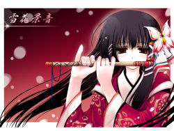 Rule 34 | 1girl, black hair, butterfly hair ornament, flute, hair ornament, highres, instrument, japanese clothes, kimono, long hair, playing instrument, red eyes, solo, tenmu, tenmu shinryuusai, upper body, wallpaper