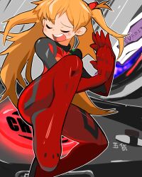 Rule 34 | 1girl, ass, blush, bodysuit, closed eyes, hair between eyes, highres, interface headset, long hair, looking at viewer, neon genesis evangelion, orange hair, parted lips, pilot suit, plugsuit, rebuild of evangelion, red bodysuit, shiny clothes, simple background, skin tight, smile, solo, souryuu asuka langley, very long hair, white background, wide hips