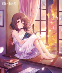 Rule 34 | 1girl, bare arms, bare shoulders, barefoot, blush, book, book stack, bookshelf, brown hair, collarbone, curtains, dress, feet, from side, full body, indoors, looking at viewer, looking away, looking to the side, open book, open window, original, petals, pillow, short hair, sitting, sky, sleeveless, sleeveless dress, smile, solo, suzumi shiro, twilight, white dress, window