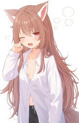 1girl animal_ears black_shorts breasts brown_hair fang highres long_hair looking_at_viewer open_clothes open_mouth open_shirt original partially_unbuttoned rade_(rade_552) red_eyes shirt shorts simple_background sleepy small_breasts squeans tail white_background white_shirt wolf_ears wolf_girl wolf_tail yawning