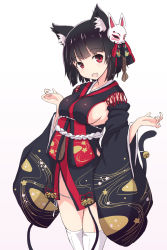 Rule 34 | 1girl, animal ears, azur lane, bell, black hair, black kimono, blunt bangs, breasts, cat ears, cat tail, cowboy shot, fang, hands up, highres, japanese clothes, jingle bell, kimono, looking at viewer, medium breasts, mel (melty pot), open mouth, panties, red eyes, short hair, short kimono, side-tie panties, sideboob, simple background, smile, solo, standing, tail, tail bell, tail ornament, thighhighs, underwear, white background, white panties, white thighhighs, wide sleeves, yamashiro (azur lane)