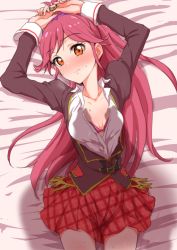 Rule 34 | 10s, 1girl, aikatsu!, aikatsu! (series), arms up, bed, blush, bow, bra, breasts, clearite, cleavage, full-face blush, hair bow, long hair, looking at viewer, lying, on back, open clothes, open shirt, orange eyes, otoshiro seira, ponytail, red hair, shadow, shirt, skirt, small breasts, solo focus, sweatdrop, underwear