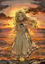 Rule 34 | 1girl, akagi shun, blonde hair, blue eyes, blue ribbon, cloud, commentary request, copyright request, long hair, looking at viewer, neck ribbon, ocean, outdoors, parted bangs, parted lips, ribbon, simple background, skirt hold, smile, solo, standing, studio ghibli, sunset, twitter username, wading