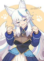 Rule 34 | 1girl, absurdres, animal ear fluff, animal ears, bare shoulders, blue eyes, blue hair, blue sleeves, blush, commentary, cowboy shot, crescent, crescent hair ornament, crescent necklace, detached sleeves, dress, english commentary, english text, fang, hair ornament, hair ribbon, hide (hideout), highres, indie virtual youtuber, jewelry, long hair, looking down, lumi (merryweather), multicolored hair, neck ribbon, necklace, open mouth, paw pose, paw print, purple hair, ribbon, see-through, sleeveless, sleeveless dress, solo, star (symbol), star hair ornament, streaked hair, tail, virtual youtuber, white hair, wolf ears, wolf girl, wolf tail