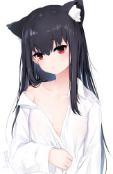Rule 34 | 1girl, animal ears, black hair, borrowed character, breasts, cat ears, cat girl, expressionless, extra ears, highres, long hair, long sleeves, looking at viewer, mole, mole under eye, no bra, off shoulder, original, red eyes, shibanme tekikumo, shirt, small breasts, white background, white shirt, xingye (xing)