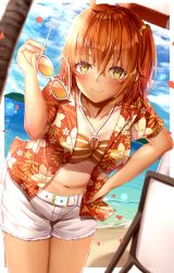 Rule 34 | 1girl, absurdres, belt, bikini, breasts, brilliant summer, fate/grand order, fate (series), fujimaru ritsuka (female), fujimaru ritsuka (female) (brilliant summer), fujimaru ritsuka (female) (tropical summer), hair ornament, hair scrunchie, hawaiian shirt, highres, holding, holding removed eyewear, large breasts, navel, o-ring, o-ring bikini, o-ring top, official alternate costume, one side up, open clothes, open shirt, orange bikini, orange eyes, orange hair, orange scrunchie, ruri rarako, scrunchie, shirt, short shorts, short sleeves, shorts, solo, striped bikini, striped clothes, sunglasses, swimsuit, tan, toukan, unworn eyewear, white belt, white shorts