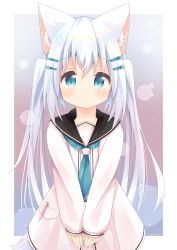 Rule 34 | 1girl, absurdres, animal ear fluff, animal ears, blue eyes, blue neckerchief, blush, closed mouth, commentary request, dress, hair between eyes, hair ornament, hairclip, highres, long hair, long sleeves, looking at viewer, nakkar, neckerchief, original, pencil, sailor dress, sidelocks, silver hair, sleeves past wrists, solo, tail, twintails, twitter username, v arms, very long hair, white dress