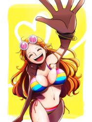 Rule 34 | 1girl, bikini, bouncing breasts, breasts, curvy, female focus, happy, highres, large breasts, long hair, nami (one piece), one piece, open mouth, sbsbsumeshi, sideboob, solo, striped bikini, striped clothes, sunglasses on head, swimsuit, wide hips
