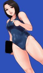 Rule 34 | 1girl, black eyes, black hair, blue background, clipboard, competition swimsuit, dutch angle, hip focus, matoyama, one-piece swimsuit, original, short hair, solo, swimsuit, whistle, wide hips