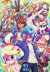 Rule 34 | 6+boys, 6+girls, :d, ;), ^ ^, ahoge, arms (game), bad id, bad pixiv id, barq, black gloves, black hair, black pants, blue eyes, blue gloves, bow, brown hair, byte (arms), closed eyes, clown, clown nose, cobushii (arms), colored skin, dark-skinned male, dark skin, dna man (arms), domino mask, dr. coyle, dreadlocks, drill hair, earrings, everyone, gloves, green eyes, green hair, hair bow, hands up, highres, hizuki (hiduki6121), jewelry, kid cobra, lola pop, long hair, mask, master mummy (arms), max brass, mechanica (arms), min min (arms), misango, multiple boys, multiple girls, ninjara (arms), nintendo, one eye closed, open mouth, overalls, pants, pink bow, pink eyes, pompadour, purple skin, red eyes, ribbon girl (arms), robot, short hair, smile, spring man (arms), springtron, twintelle (arms), v, white gloves, white hair