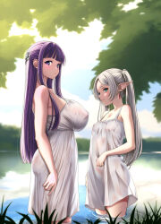 Rule 34 | 2girls, blunt bangs, blurry, blurry background, breasts, butterfly hair ornament, closed mouth, commentary request, covered erect nipples, dangle earrings, dress, earrings, elf, fern (sousou no frieren), frieren, from side, green eyes, grey hair, hair ornament, highres, huge breasts, jewelry, long hair, looking at viewer, looking to the side, multiple girls, osuzu akiomi, outdoors, parted bangs, partially submerged, pointy ears, purple eyes, purple hair, sidelocks, sleeveless, sleeveless dress, small breasts, smile, sousou no frieren, straight hair, twintails, wading, wet, wet clothes, wet dress, white dress