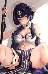 Rule 34 | 1girl, absurdres, alternate skin color, bare shoulders, blue eyes, blue hair, breasts, candace (genshin impact), cleavage, detached sleeves, egyptian clothes, forehead jewel, genshin impact, hair intakes, hair ornament, heterochromia, highres, holding, holding polearm, holding weapon, jewelry, large breasts, looking at viewer, navel, parted lips, pelvic curtain, polearm, rikihana momo, short hair with long locks, sidelocks, simple background, sitting, solo, spread legs, thigh strap, thighs, weapon, yellow eyes