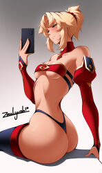 Rule 34 | 1girl, arched back, arm support, artist name, ass, bandeau, black panties, black thighhighs, blonde hair, blush, breasts, cellphone, detached collar, detached sleeves, fate/grand order, fate (series), green eyes, holding, holding phone, medium breasts, mordred (fate), mordred (fate/apocrypha), panties, phone, ponytail, red scrunchie, scrunchie, sidelocks, sitting, smartphone, solo, thighhighs, thong, underboob, underwear, white background, zealyush