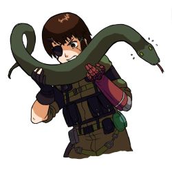 Rule 34 | asymmetrical hair, brown hair, commission, crossover, eyepatch, gloves, hair ornament, highres, iwakura lain, joints, kamago draws, mechanical arms, metal gear (series), metal gear solid 3: snake eater, military, military uniform, parody, pocket, prosthesis, prosthetic arm, robot joints, scar, scar across eye, scar on face, serial experiments lain, single mechanical arm, snake, uniform, x hair ornament