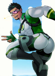 Rule 34 | 1boy, ass, ass focus, bandaid, bandaid on face, bandaid on nose, bara, black hair, blush, bulge peek, dark-skinned male, dark skin, facial hair, foot out of frame, from behind, goatee, gorioxxxx, green hair, highres, kyoichi (live a hero), leaning forward, live a hero, looking at viewer, male focus, multicolored hair, muscular, muscular male, one eye closed, short hair, sideburns, solo, streaked hair, thick eyebrows, thick thighs, thighs, turning around, two-tone background, v, wink star