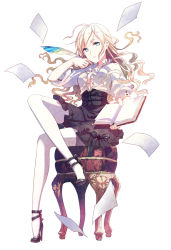 Rule 34 | 1girl, blonde hair, blue eyes, book, breasts, cleavage, corset, crossed legs, feathers, h2so4, kaku-san-sei million arthur, million arthur (series), open clothes, open shirt, paper, shirt, sitting, skirt, solo, thighhighs, white thighhighs