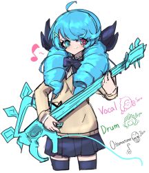 Rule 34 | 1girl, absurdres, ahoge, alternate costume, black bow, black bowtie, black skirt, black thighhighs, blush, bow, bowtie, closed mouth, cropped legs, drill hair, green eyes, green hair, guitar, gwen (league of legends), hair bow, heterochromia, highres, holding, holding guitar, holding instrument, instrument, jhin, league of legends, long sleeves, miniskirt, monakan japan, qiyana (league of legends), red eyes, seraphine (league of legends), skirt, smile, solo, thighhighs, twin drills, twintails, white background