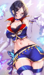 Rule 34 | 1girl, ;o, bare shoulders, blowing kiss, blue choker, blue hair, blue skirt, blush, breasts, bug, butterfly, choker, cleavage, commentary request, dark blue hair, earrings, elbow gloves, gloves, glowing butterfly, groin, hayami kanade, highres, idolmaster, idolmaster cinderella girls, insect, jewelry, koya (koya x 00), large breasts, looking at viewer, midriff, miniskirt, monocle, navel, one eye closed, short hair, signature, skirt, sleeveless, solo, stomach, stud earrings, thighhighs, white gloves, zettai ryouiki