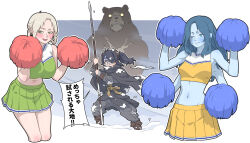 Rule 34 | 3girls, alternate costume, animal, bear, black cape, black hair, blonde hair, blue eyes, blue hair, blue skin, blush, breasts, brown horns, cape, cheerleader, closed eyes, closed mouth, colored skin, commentary request, elden ring, extra arms, facial tattoo, floating hair, glasses, green eyes, hair over one eye, hair rings, highres, holding, holding polearm, holding pom poms, holding weapon, horns, indie virtual youtuber, itou life (vtuber), kuroi yasu, large breasts, long hair, long sleeves, medium breasts, midriff, multiple girls, navel, one eye closed, one eye covered, pleated skirt, polearm, pom pom (cheerleading), pom poms, ponytail, ranni the witch, rune bear (elden ring), rya (elden ring), skirt, sleeveless, snow, spear, stomach, sweatdrop, tarnished (elden ring), tattoo, teeth, translation request, virtual youtuber, weapon, yellow skirt