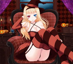 Rule 34 | 1girl, adjusting hair, bare shoulders, blonde hair, blue eyes, breasts, cleavage, detached sleeves, dress, facial tattoo, garter straps, hairband, halloween, hat, heart, heterochromia, jack-o&#039;-lantern, kay, kay (utd), large breasts, long hair, looking at viewer, orange dress, original, pumpkin, red eyes, short dress, sitting, skirt, sleeveless, sleeveless dress, solo, star (symbol), striped clothes, striped thighhighs, tattoo, thighhighs, witch hat
