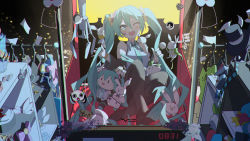 Rule 34 | 1girl, ;d, bandaid, bandaid on face, black footwear, black sleeves, black thighhighs, blush, boots, bow, character doll, clothes hanger, collared shirt, commentary, crane game, dated, detached sleeves, fang, green eyes, green hair, green neckwear, grey shirt, hatsune miku, highres, long sleeves, necktie, one eye closed, open mouth, pink bow, rabbit yukine, shirt, sleeveless, sleeveless shirt, smile, striped, striped bow, symbol-only commentary, thigh boots, thighhighs, twintails, vocaloid, wide sleeves, zhayin-san