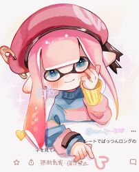 Rule 34 | 1girl, beret, blue eyes, blue sweater, closed mouth, commentary request, hat, heart, inkling, inkling girl, inkling player character, long hair, looking at viewer, multicolored clothes, multicolored sweater, nintendo, pink hair, pink hat, pink sweater, pointy ears, simple background, smile, solo, splatoon (series), splatoon 3, sweater, tentacle hair, translation request, una ku 277, upper body, white background, yellow sweater