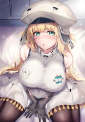 Rule 34 | 1girl, :o, alternate breast size, aqua eyes, artoria caster (fate), artoria caster (first ascension) (fate), artoria pendragon (fate), bare shoulders, blonde hair, blush, breasts, fate/grand order, fate (series), gloves, grey gloves, hat, highres, hirasawa seiji, kneeling, large breasts, long hair, pantyhose, pouch, sleeveless, translation request
