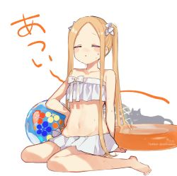 Rule 34 | 1girl, :o, abigail williams (fate), abigail williams (swimsuit foreigner) (fate), animal, arm support, ball, bare arms, bare legs, bare shoulders, barefoot, beachball, bikini, black cat, blonde hair, bow, cat, closed eyes, collarbone, fate/grand order, fate (series), food, forehead, fruit, hair bow, highres, innertube, long hair, navel, parted bangs, parted lips, sidelocks, signature, simple background, sitting, sofra, solo, sweat, swim ring, swimsuit, twintails, twitter username, very long hair, wariza, watermelon, white background, white bikini, white bow