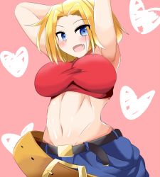 Rule 34 | 1girl, abs, armpits, arms behind head, bad id, bad pixiv id, baggy pants, bare shoulders, belt, blonde hair, blue eyes, blue mary, blush, breasts, crop top, fang, fatal fury, fingerless gloves, gloves, halterneck, heart, karatakewari, large breasts, looking at viewer, midriff, navel, open mouth, pants, short hair, simple background, smile, snk, solo, straight hair, the king of fighters