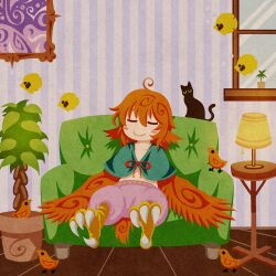 Rule 34 | 1girl, ahoge, akamiya fumiya, animal, animal ears, bird, bird ears, bird legs, black cat, blush stickers, capelet, cat, closed eyes, commentary request, couch, feathered wings, fish, green capelet, hair between eyes, harpy, highres, indoors, lamp, medium hair, messy hair, monster girl, on couch, orange feathers, orange hair, orange wings, original, pants, pink pants, plant, potted plant, sleeping, smile, solo, table, talons, textless version, tropical fish, window, winged arms, wings