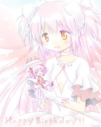 Rule 34 | 10s, 2girls, ^ ^, cake, closed eyes, dress, dual persona, female focus, food, food on head, gloves, hair ribbon, isora, kaname madoka, long hair, mahou shoujo madoka magica, mahou shoujo madoka magica (anime), mini person, minigirl, multiple girls, object on head, open mouth, outstretched arms, pink hair, ribbon, smile, twintails, two side up, ultimate madoka, very long hair, white dress, yellow eyes